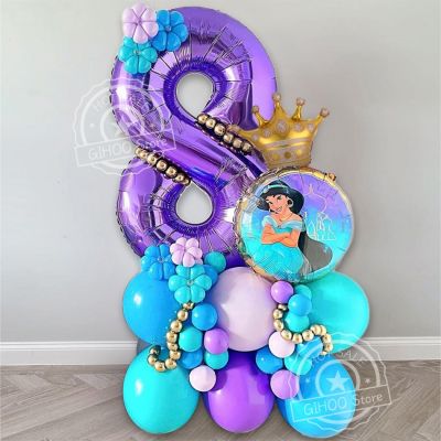 36Pcs Disney Aladdin Jasmine Princess Foil Balloon Happy Birthday Party Supplies Decoration Baby Shower Kid Faovr Purple Ballon Artificial Flowers  Pl