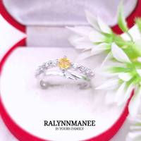 R6488 แหวนพลอยบุษราคัมแท้ ( Yellow sapphire ) ตัวเรือนเงินแท้ 925 ชุบทองคำขาว ไซส์ 53 แก้ไซส์ฟรี