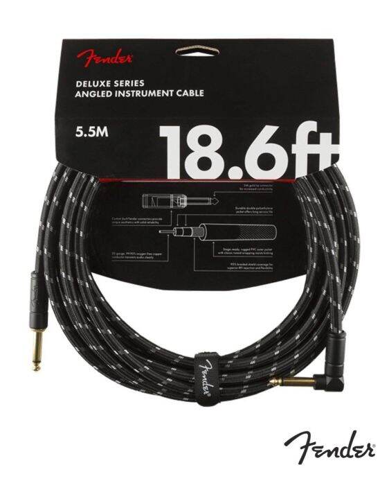 fender-deluxe-series-black-tweed-สายแจ็คกีตาร์-5-5-เมตร-แบบพรีเมียม-หัวงอชุบทอง-18-6ft-deluxe-series-instrument-cable-straight-angled-guitar-cable-สายแจ็คกีตาร์