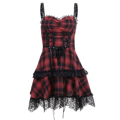 ผู้หญิง Lolita ชุดยุคกลาง Gothic Lace Up ชุดฤดูร้อน Dark Lolita เครื่องแต่งกาย Steampunk Mini Cosplay Dress