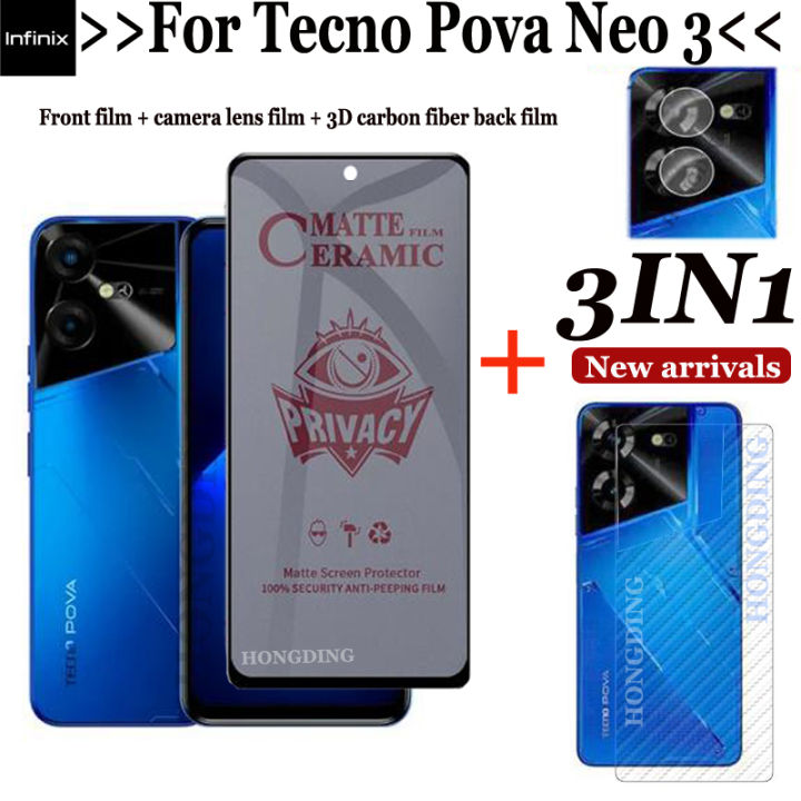 ฟิล์มกระจกเทมเปอร์ป้องกันกระจกนิรภัยฟิล์ม-3-in-1-กระจกเทมเปอร์-tecno-pova-neo-3-เลนส์กล้องถ่ายรูปสำหรับ-pova-neo-3ความเป็นส่วนตัว-สีม่วงกระจกนิรภัยป้องกันแสงม่วงน้ำเงินกระจกเทมเปอร์