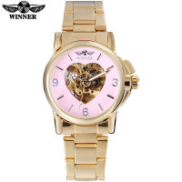 2016 WINNER famous nd women watch fashion automatic self wind watch skeleton pink dial transparent glass stainless steel band