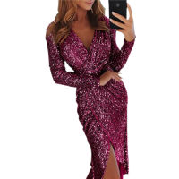 New Sexy Formal Woman Dress V-neck Long Sleeve Lady Nightclub Clothing Fashion Sequin Evening Womens Dresses