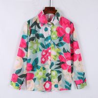 ☽ Ready Stock Ladies Flower Printed Long-Sleeved Chiffon Shirt Lapel Loose Fashionable Blouse Summer Womens Clothing