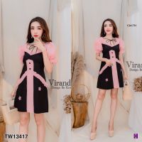 J13417 Dress เดรสสั้น แขนพอง คอผูกโบว์ ตัดต่อผ้าลายสก็อต กระโปรงติดดอกไม้ Short dress, puff sleeves, bow neckline, patchwork fabric flower skirt