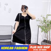 Plus size เสื้อผ้าสาวอวบ เดรสสาวอวบอ้วน ไซส์ใหญ่ ผู้หญิง เดรสคอเหลี่ยม ทรงหลวม แขนสั้น มีซิป สีดำ ฤดูร้อน สไตล์เกาหลีแฟชั่น