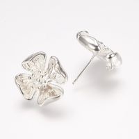 2pc Rack Plating Brass Stud Earring Findings with Loop Flower Silver Color Plated 16x16x4.5mm Hole: 0.5mm pin: 0.5mm