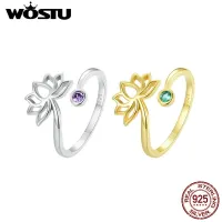 Wostu แหวนดอกบัวเงินสเตอร์ลิง925แท้ปรับได้สำหรับผู้หญิงเทรนด์เรียบง่ายแหวนแต่งงานเพทายสีม่วงของขวัญเครื่องประดับที่ดี