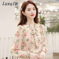 Luxqlo เสื้อเบลาส์แขนยาวสำหรับผู้หญิง,เสื้อเบลาส์แขนยาวพิมพ์ลายหวานฉบับภาษาเกาหลีสำหรับฤดูใบไม้ร่วงเสื้อและสะดวกสบายเสื้อโปโลมีปกหรูหรา