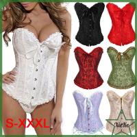 XIEKE กอธิค ลูกไม้ขึ้นด้านบน ชุดแฟนซี Waist Shaper Satin Brocade Stays Corset Overbust Boned Corset Bustier Top