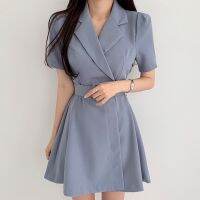 COD DSFGRDGHHHHH Korean summer temperament elegant lapel belt waist waist was thin solid color short-sleeved suit dress