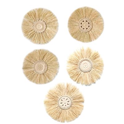 Boho Handmade Woven Straw Wall Decor Moroccan Wood Beads Wall Hanging Ornament Round Home Decoration for Living Room