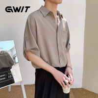 GWIT เสื้อเชิ้ตผ้าไหมน้ำแข็งผู้ชายเบาสบายแขนสั้นบางหลวมออกแบบผ้าม่านเฉพาะ Gwit119