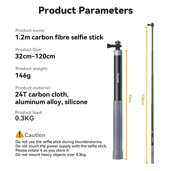 เทเลซิน120เส้นใยคาร์บอนซม-ไม้เซลฟี่ยืดได้กับสกรูสำหรับ-gopro-ฮีโร่1-4-11-10-9-8-7-insta360กล้องแอคชั่นแคมเมรา-osmo