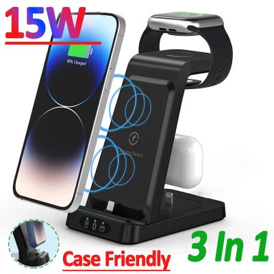 ℡■ 15W 3 in 1 Wireless Charger Stand For iPhone 14 13 12 11 Pro Max Apple Watch 7 6 Airpods Pro iWatch Fast Charging Dock Station