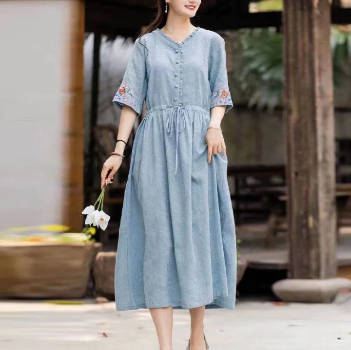 CottonDesign Women Cotton Casual Dress New Arrival Summer Vintage Style Vneck Floral Embroidery
