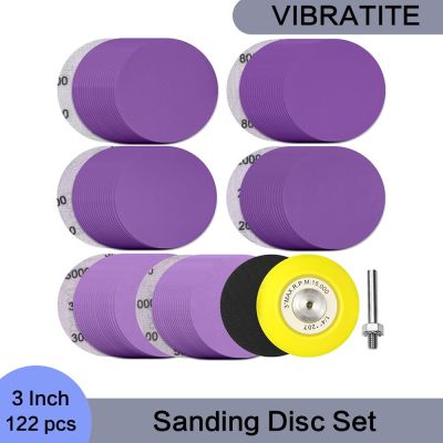 3 Inch 122 Pcs Sanding Discs Hook and Loop Sandpaper Purple Alumina Abrasive with Soft Foam Buffering Pad and Backing Pad