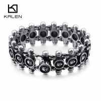 KALEN Punk สร้อยข้อมือกะโหลกศีรษะ21.5ซม. สแตนเลสชายสร้อยข้อมือกะโหลกศีรษะเชื่อมเคลือบนักปั่นโกธิคเครื่องประดับฮาโลวีน