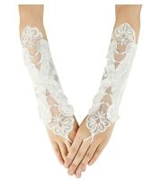 ☬✆♂ White Satin Appliques Beaded Bridal Gloves Wedding Flower Girls Communion Pageant Costume