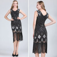 KKRoaring 20S Great Gatsby ชุด1920S Flapper ชุด Vintage ชุดราตรีประดับเลื่อมพู่ Midi Dressq11