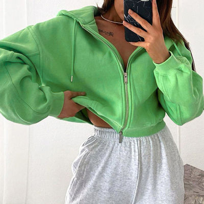 Autumn Winter Women Green Long Sleeve Streetwear Hooded Zipper Sweatshirt Coats Loose Oversized Crop Top Short Jackets