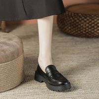 Thick bottom loafers female 2022 new age season black British round head soft leather shoes joker single