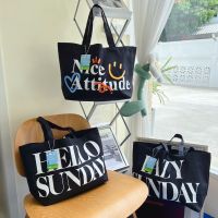 Justbehappy - Tote Bag in Black - กระเป๋าผ้าสีดำ สกรีนลาย HELLO / LAZY / BEGIN / NICE