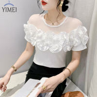 ➧YIMEI เสื้อยืดผู้หญิงสีขาวผ้าตาข่ายขอบหูทำจากไม้,เสื้อยืดสตรีแฟชั่น2023เสื้อยืดผ้าฝ้ายคอกลมเซ็กซี่และสวยงาม