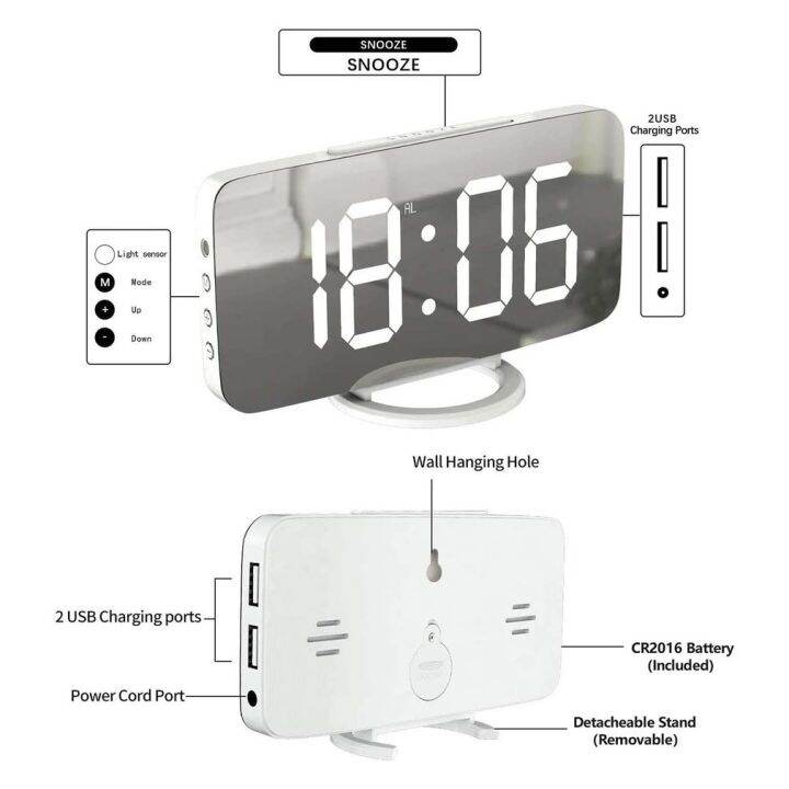 two-dog-sells-cars-กระจก-led-ขนาดใหญ่-นาฬิกาตั้งโต๊ะ2พอร์ตชาร์จ-usb-สำหรับห้องนอนไฟกลางคืนต่ำตัวเลขนาฬิกานาฬิกาปลุกดิจิตอล
