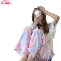 IMIXCITY กางเกงขายาวผู้หญิง Tie-Dye Multicolor Fashion All-Match Wide-Leg Cropped Trousers