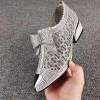 【 Cw】women S Pointed Toe Sandals Luxury Breathable Mesh Bowknot Rhinestone Clear Elegant Mid-Heeach Simple Pump Shoes รองเท้าแตะตาข่าย