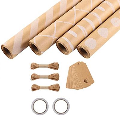 4 Roll Wrapping Paper, Birthday Wrapping Paper 43 X 300 Cm/Roll Wrapping Paper Set with 2 Adhesive Tapes 3 Ropes 20 Kraft Paper Tags