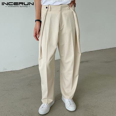 INCERUN Fashion Men Casual Pants Solid Color Joggers Baggy Streetwear Button Straight Pants 2021 Wide Leg Trousers Men S-5XL