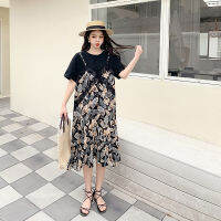 2021NYFS 2021 New Korean Patchwork Lace Big Hem Woman Dress Loose Long Dress Vestidos Robe Elbise Fake two-piece sling Summer Dress