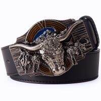 Skull Bull Ox Horn Men Leather Belt Cow Head Skeleton Western Cowboy Style Decoration Women Jeans Waistband