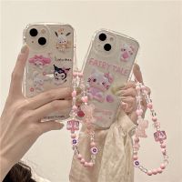 Sanrio Lovely Kuromi My Melody With Chain Phone Cases For iPhone 14 13 12 11 Pro Max Mini XR XS MAX 8 7 Plus Transparent Cover