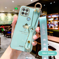 สำหรับ OPPO A3S A15 A15S A16 A31 A33 A53 A54 A55 A74 A76 A93 A94 A95 A96 ชุบทอง Maple Leaf Soft ซิลิโคน TPU กรณียึดสายรัดข้อมือ Lanyard เส้นทแยงมุมกระเป๋า