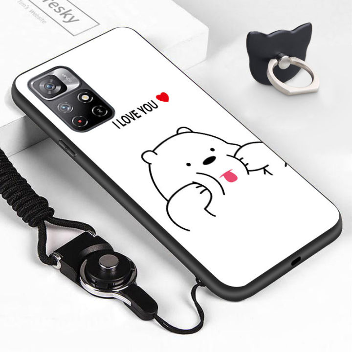 UCUC Case Casing hp Xiaomi Redmi Note 11 5G/redmi note 11t 5G /Xiaomi Poco  M4 Pro 5G Case (Finger Ring + Lanyard) Cute Cartoon Anime Naughty Pandas  Girls Boys Lovely Shockproof Soft