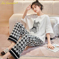 New Fashion Summer Pajamas for Youth Girls Soft Cotton Rabbit Printing White Sleepwear Round Collar Leisure Pjs for Young Lady