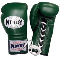 นวมเชือก ชกมวยไทย วินดี้สปอร์ต ทำจากหนังแท้ สีเขียวแก่ Windy Sports Lace up Gloves (8,10,12,14,16 oz ฺ) Green Genuine Leather MuayThai MMA K1