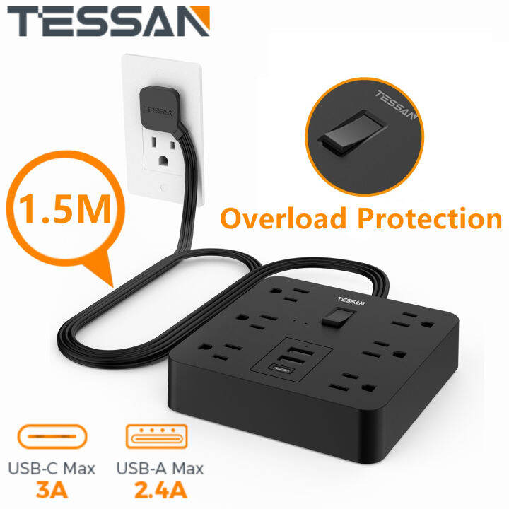 TESSAN 1.5M Extension Cord Flat Plug Power Strip with USB C , Extension