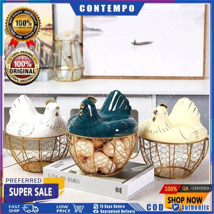 Large Stainless Steel Mesh Wire Egg Storage Basket with Ceramic Farm