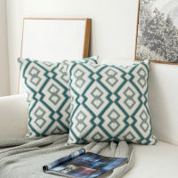 Blue and Green Geometric Embroidery Cushion Cotton Canvas Crochet Pillowcase Sofa Bedside Car Decoration Cushion Pillow