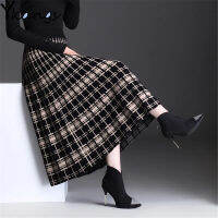 New Autumn Winter Vintage Stretch High Waiste Midi Pleated Houndstooth Printed Knitted Skirt For Women Runway Plaid Long Skirt