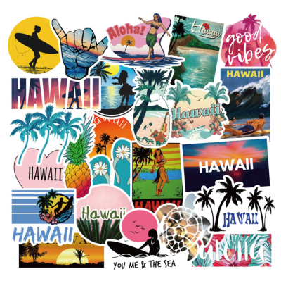 ⚡พร้อมส่ง⚡50ชิ้น hawaii ฮาวาย ทะเล ชายหาด โต้คลื่น ทะเล aloha สติ๊กเกอร์ sticker พลาสติกกันน้ำ สีคมชัด