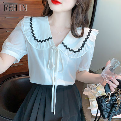REHIN ผู้หญิงฤดูร้อนใหม่เกาหลีรุ่น All-Match ตุ๊กตาคอ Splicing สี Bow Tie แขนสั้นเสื้อ Elegant เสื้อ