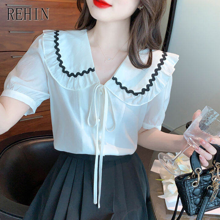 rehin-ผู้หญิงฤดูร้อนใหม่เกาหลีรุ่น-all-match-ตุ๊กตาคอ-splicing-สี-bow-tie-แขนสั้นเสื้อ-elegant-เสื้อ