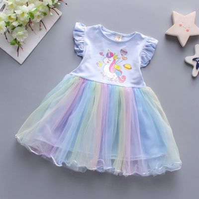 Girls dress 2022new childrens clothing girl princess dress mesh sleeveless babycartoon cloud dream rainbow unicorn