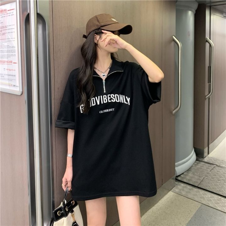 dahong-เสื้อยืดแฟชั่นไซส์ใหญ่-oversize-เสื้อสาวอวบ-แต่งซิปครึ่ง-2434