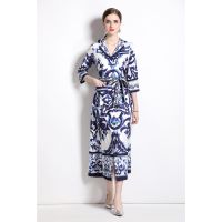 European and American Fashion Blue and White Porcelain Printed Loose Pocket Half Sleeve Suit Collar Shirt Dress